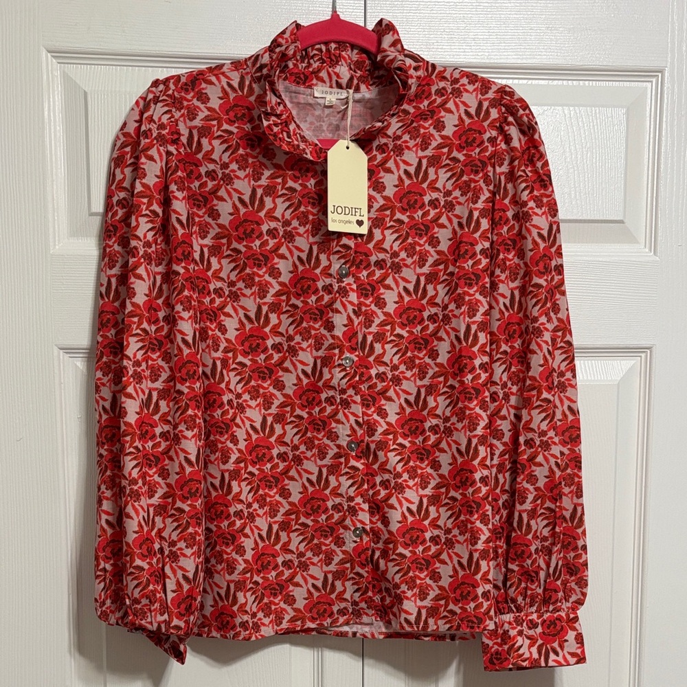 JODIFL Red Floral Ruffle-Neck Button Down Shirt NWT